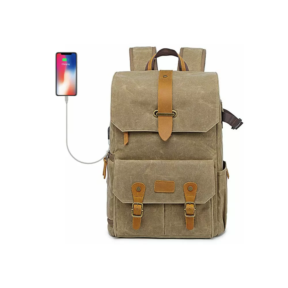 Plecak fotograficzny Ansel XL na aparat + laptopa 14,1" retro z USB - Kolor: khaki