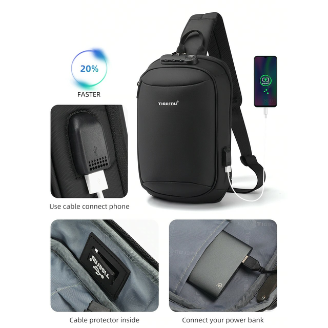 Plecak miejski Tigernu na jedno ramię organizer z USB i RFID T-S8100