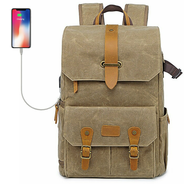 Plecak fotograficzny Ansel XL na aparat + laptopa 14,1&quot; retro z USB - Kolor: khaki