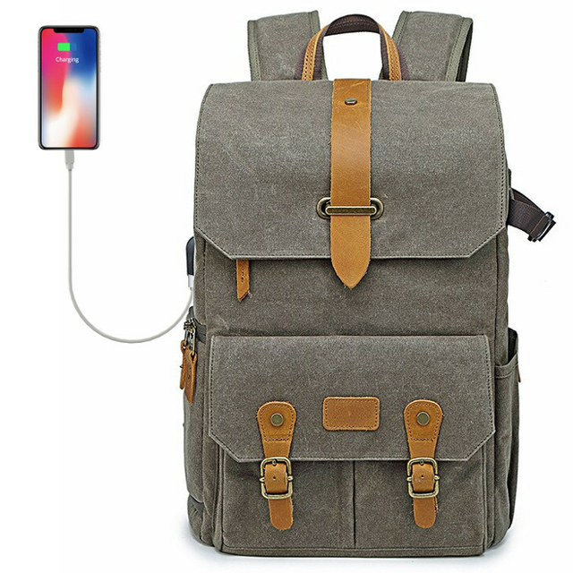 Plecak fotograficzny Ansel XL na aparat + laptopa 14,1&quot; retro z USB - Kolor: zielono-szary
