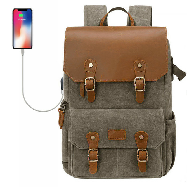 Plecak fotograficzny Ansel XL na aparat + laptopa 14,1&quot; retro z USB - Kolor: zielono-szary ze skórzaną klapą