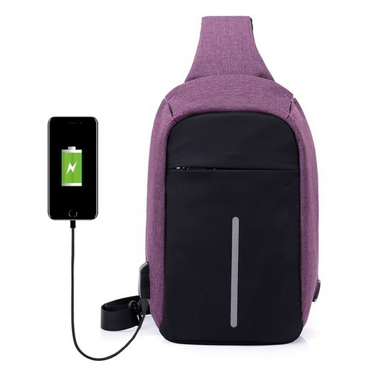 Plecak miejski na jedno ramię organizer z odblaskiem z USB - Kolor: fioletowy