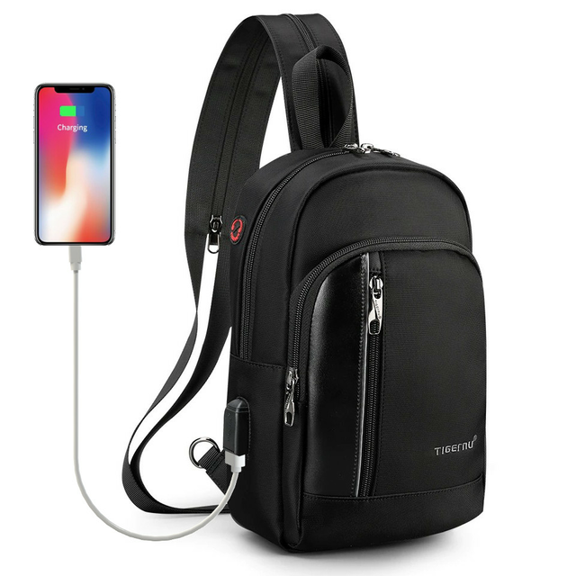 Plecak miejski Tigernu na jedno ramię organizer z USB i RFID T-S8089 - Kolor: czarny