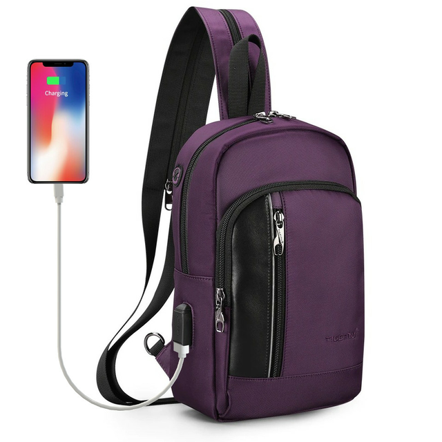 Plecak miejski Tigernu na jedno ramię organizer z USB i RFID T-S8089 - Kolor: fioletowy