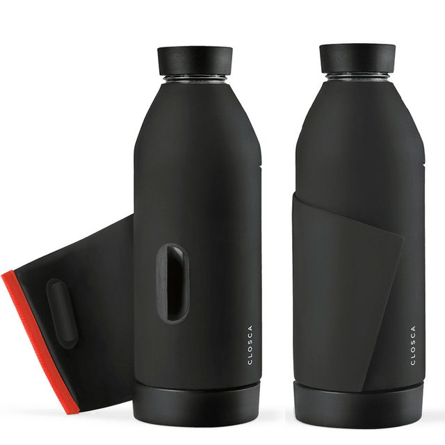 Szklana butelka Closca Classic 430ml opaska z zapięciem - Kolor: black/coral