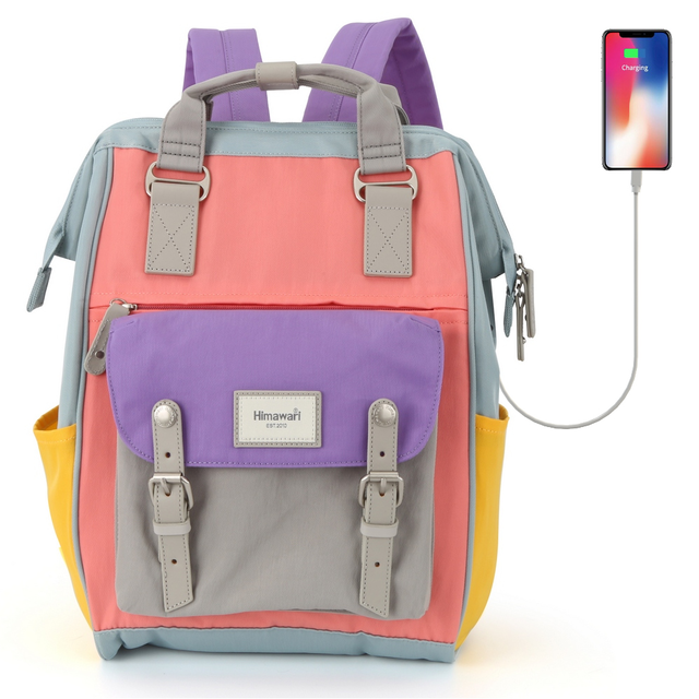 Plecak Himawari 9018 na laptopa 14-15&quot; z USB - Kolor: 03. koralowo-fioletowo-jasnoniebieski